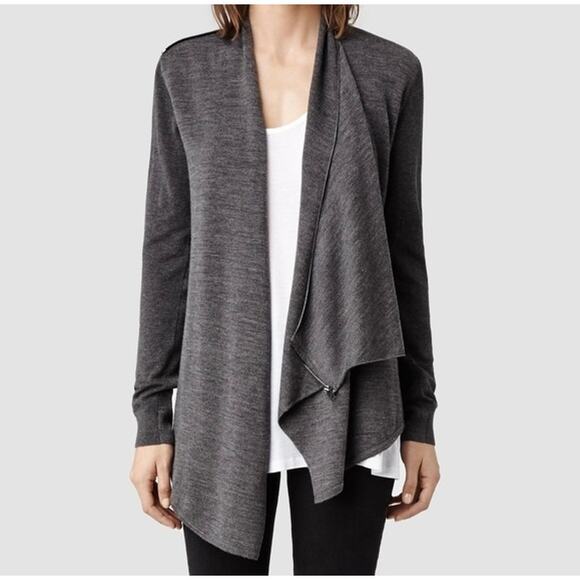 ALLSAINTS Drina Ribbed Cardigan Womens Small Heather Gray Merino Wool Zip - Picture 4 of 16